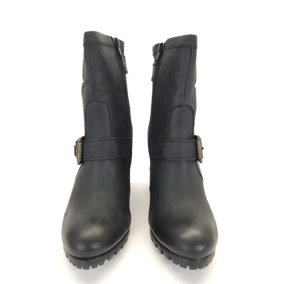 Steve Madden Ankle Booties 7.5 Black Leather Zip Block Heels Lug Goth Grunge - Picture 2 of 6